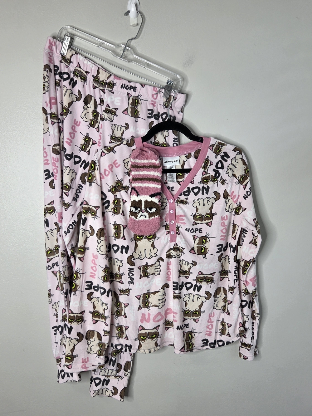 Grumpy Cat Cozy Pink Women's Pajama Set with Matching Socks